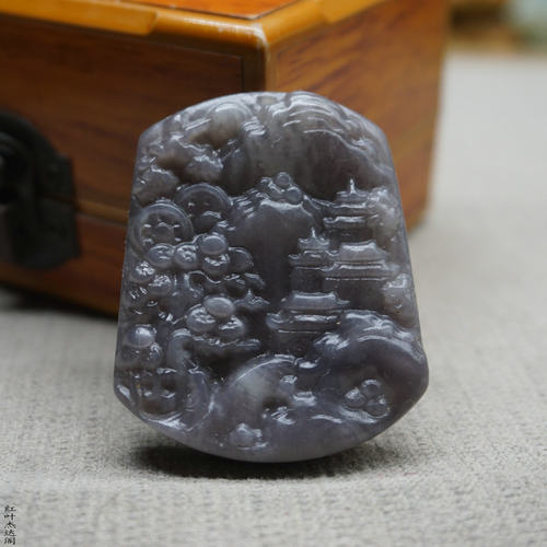 烟青玉双面雕刻山水牌玉石吊坠挂