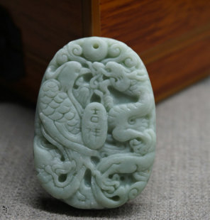 贵州翠蓝田玉游龙戏凤吊坠挂件龙头玉坠椭圆吊坠项链件玉佩颈饰