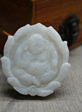 天然和田玉佛公双面吊坠男女青白玉莲花玉佩玉石项链毛衣链挂件