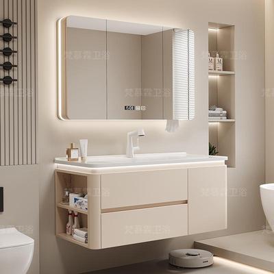 轻奢奶油风橡胶木烤漆浴室柜组合陶瓷一体盆智能洗手池马桶柜