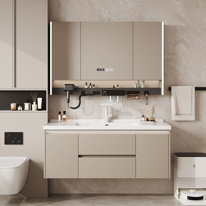 奶油风实木浴室柜组合陶瓷一体盆洗脸盆智能镜柜收纳卫生间洗漱池,家装主材,浴室柜组合,淘宝优惠券,粉丝福利购,淘宝优惠卷