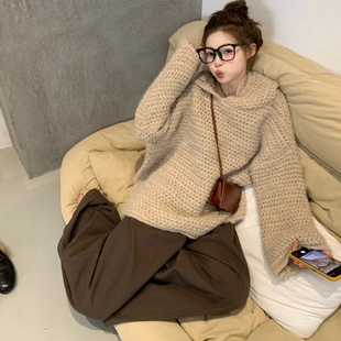 韩系复古慵懒加厚粗棒针织宽松连帽套头毛衣 8%羊毛 韩代@eru