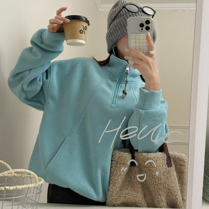 韩代@oli seo*l  复古手工串珠半拉链羊毛混纺毛巾绒立领加绒卫衣