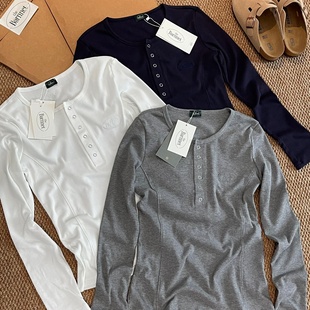 打底长袖 字母刺绣螺纹棉收腰显瘦亨利衫 牛皮纸袋原装 韩代@八奶