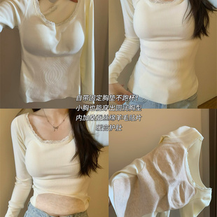 自留强推 自带胸垫蕾丝方领桑蚕丝绵羊毛双面磨毛保暖内衣打底衫
