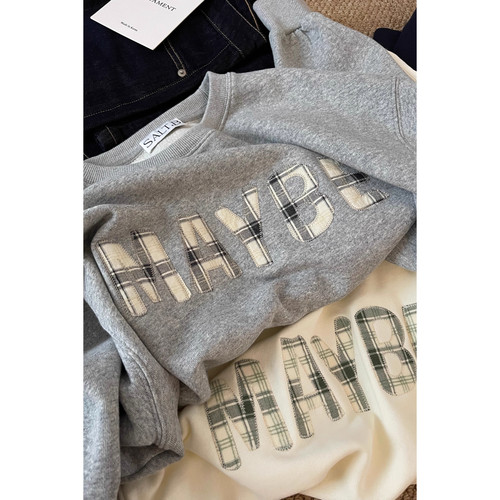 韩代@sal*b 复古撞色格纹字母贴布刺绣纯棉毛圈休闲圆领套头卫衣