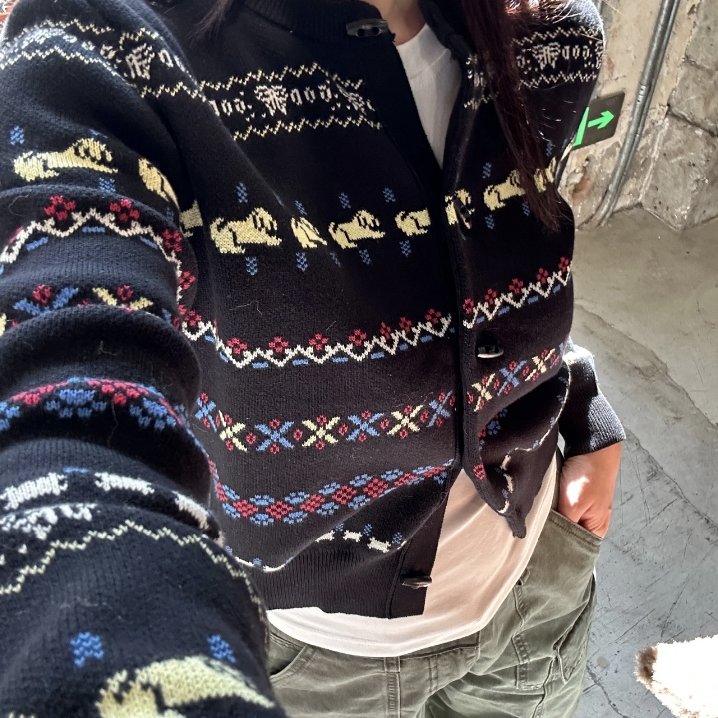 古着感~北欧复古可爱蝴蝶小狗提花费尔岛毛衣外套牛角扣针织开衫