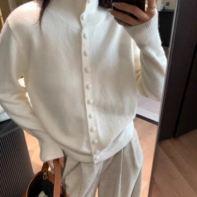 韩代@eru*e 叠穿马甲！韩系简约百搭包边单排扣高领针织毛衣外套