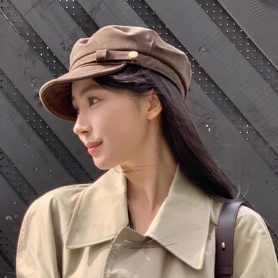 易梦玲同款 美拉德棕色麂皮平顶报童帽女秋冬复古英伦八角画家帽