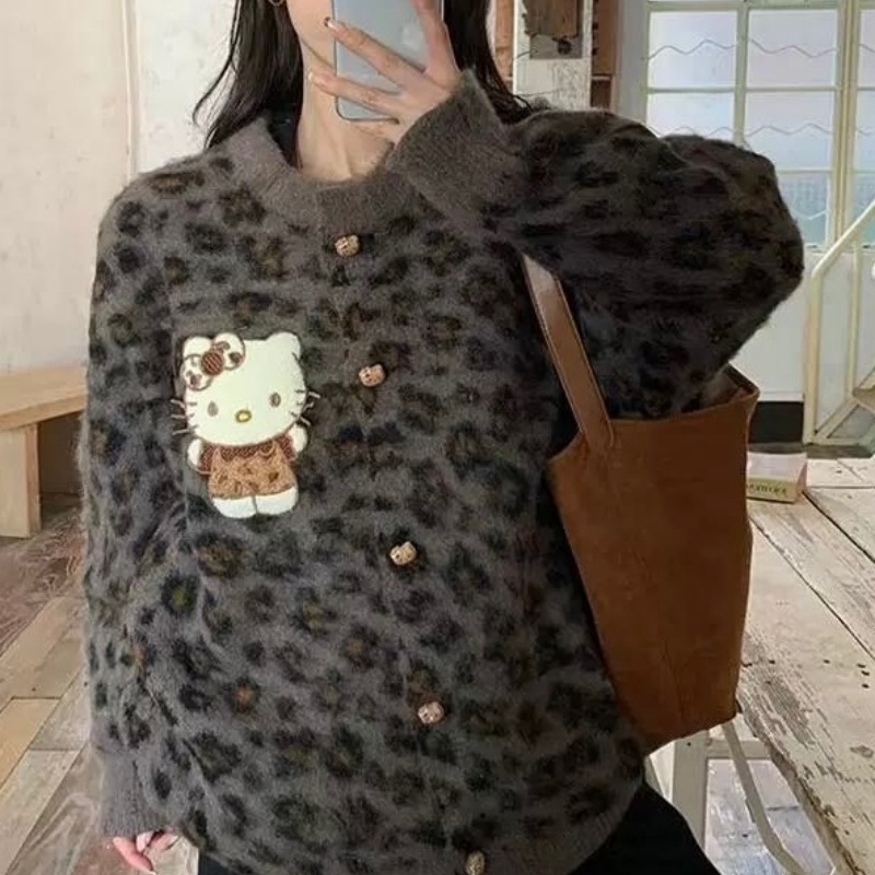 韩系慵懒可爱kitty贴布刺绣毛绒绒马海毛复古豹纹宽松毛衣外套