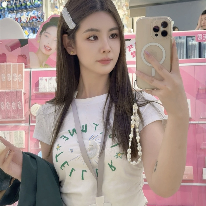 @U*R同款  美式复古夏日印花褶皱收腰显瘦正肩短款辣妹短袖T恤