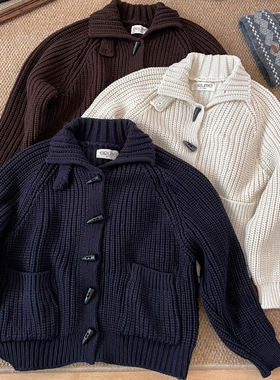 韩代@eru*e 立领/翻领两穿 复古牛角扣粗棒针加厚针织毛衣外套