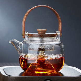 玻璃提梁壶煮茶壶蒸茶木盖竖条纹家用耐高温泡茶壶黑晶炉烧水壶茶