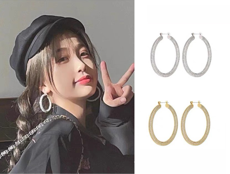 大号镶钻气质黄铜镀金耳环c圈女