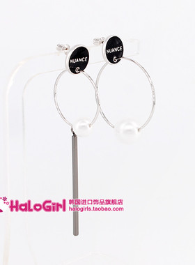 韩国Nuance正品925银针耳饰 时尚珍珠不对称圈圈耳环长耳钉女N015