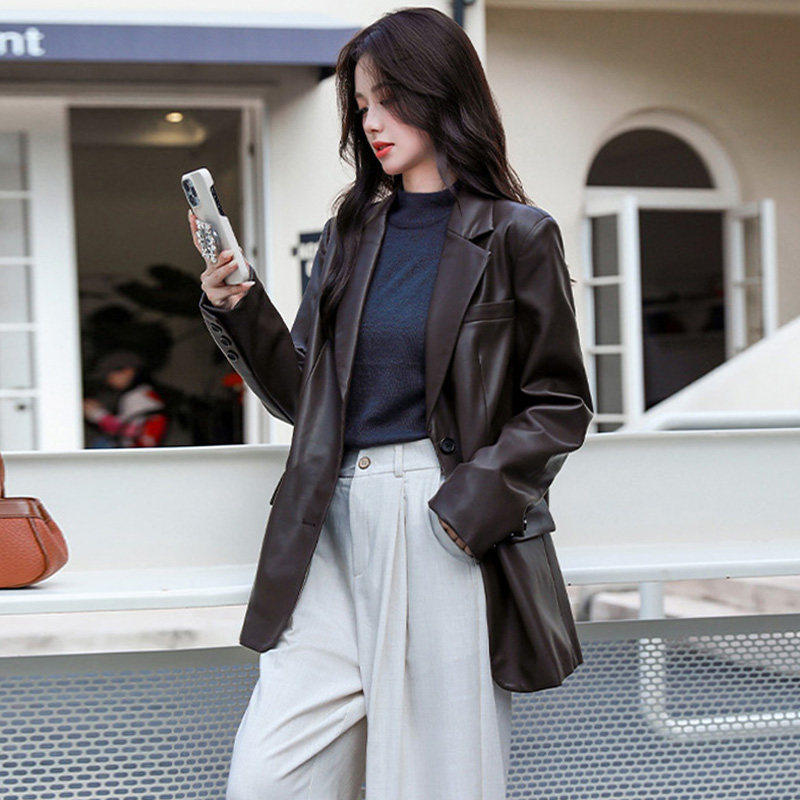 港风PU皮衣西装外套女2025春秋新款小个子高级感宽松时尚洋派上衣