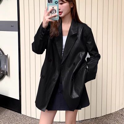 复古pu皮衣西装外套女2025秋冬季新款设计高级感炸街宽松港风上衣