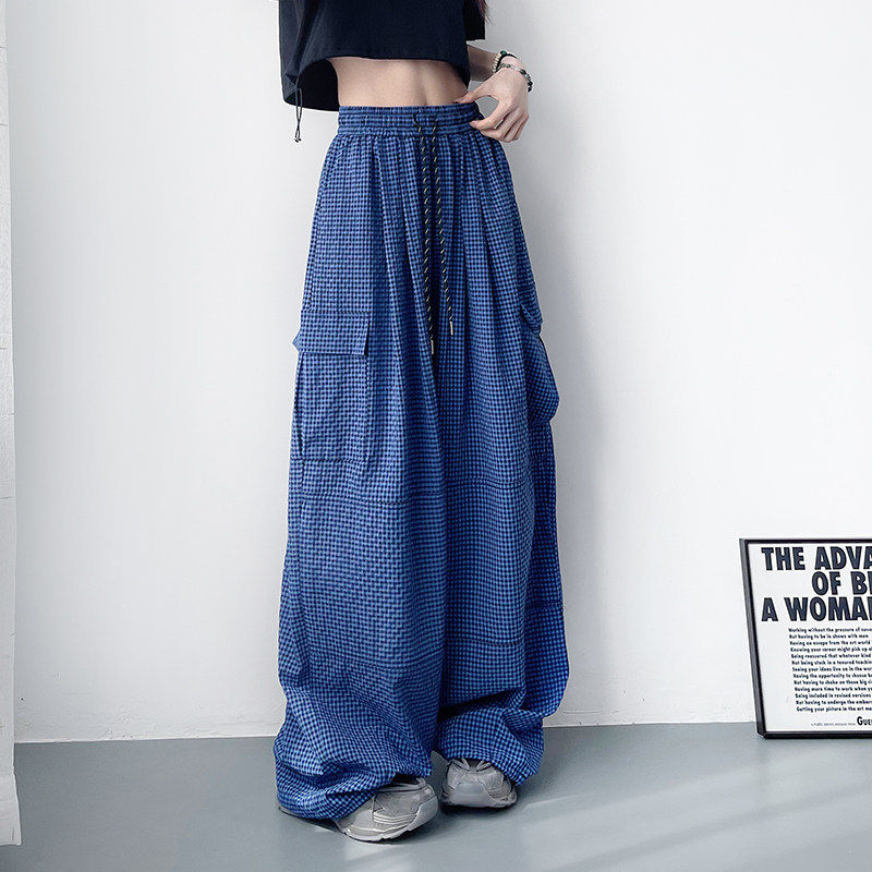 格子工装裤女夏薄款大码胖mm显瘦垂感轻薄速干跳舞运动冰丝阔腿裤
