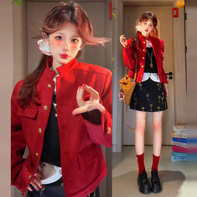 新年穿搭韩系红色高级感香风麂皮立领短外套早春新款宽松复古夹克