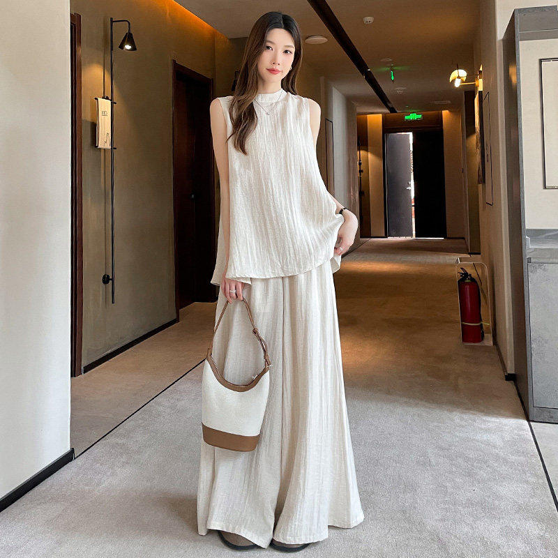 亚麻休闲时尚宽松套装女2026春秋新款无袖背心阔腿裤遮肚藏肉两件