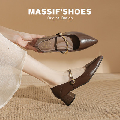 超软~真皮尖头高跟鞋女气质粗跟玛丽珍小个子绝美法式配裙子单鞋