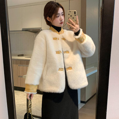 新中式毛毛短外套女装2025冬新款国风盘扣拼接宽松仿水貂毛上衣
