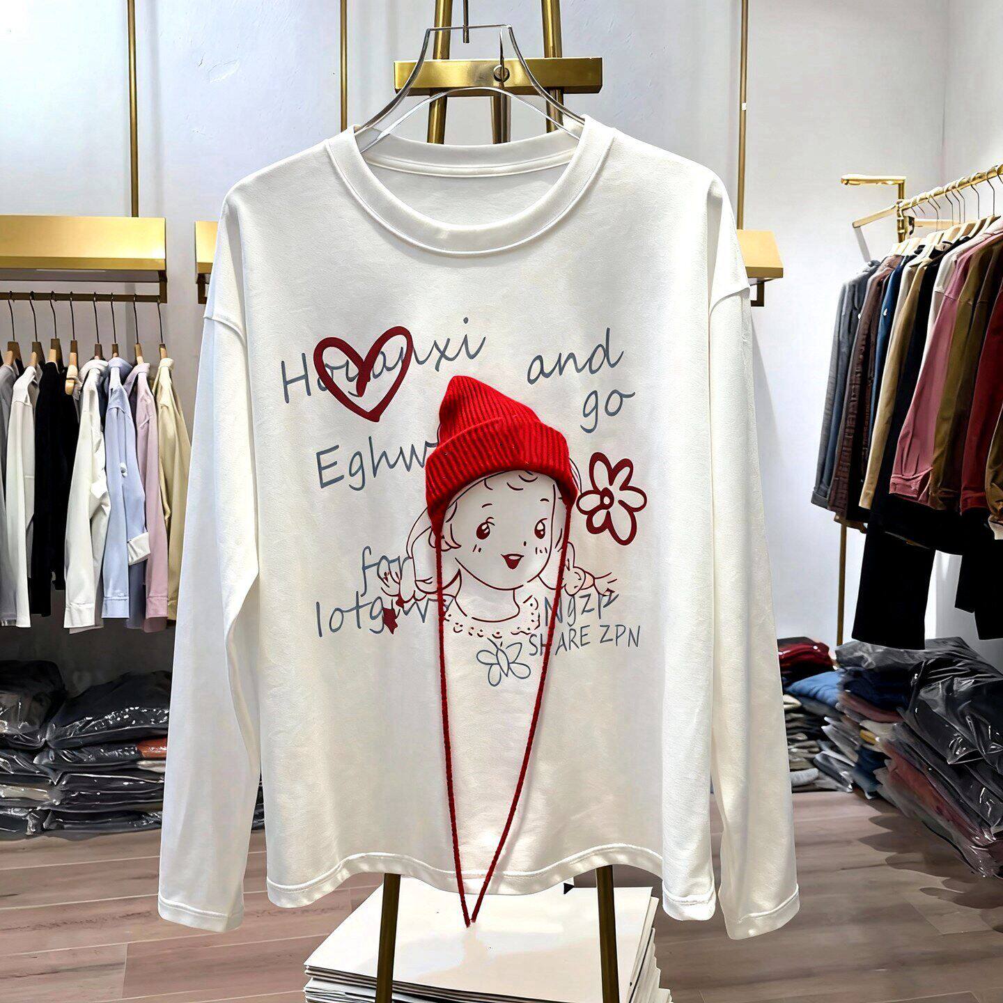 2026新款早春季可爱休闲风纯棉白色长袖T恤女宽松oversize打底衫