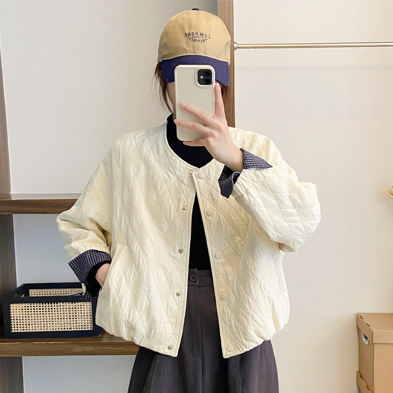 菱形轻薄短款外套女小个子2025秋冬新款宽松圆领拼接保暖压棉棉衣
