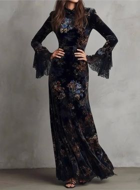 蓝色复古印花修身旗袍女 Blue retro printed slim fit cheongsam