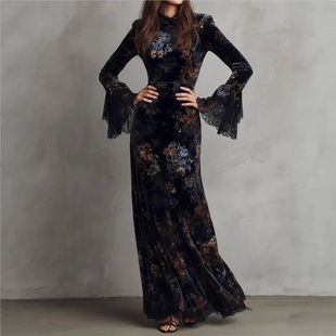 蓝色复古印花修身旗袍女 Blue retro printed slim fit cheongsam