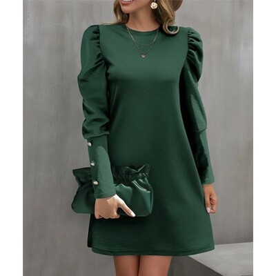 纯色圆领泡泡长袖收腰连衣裙