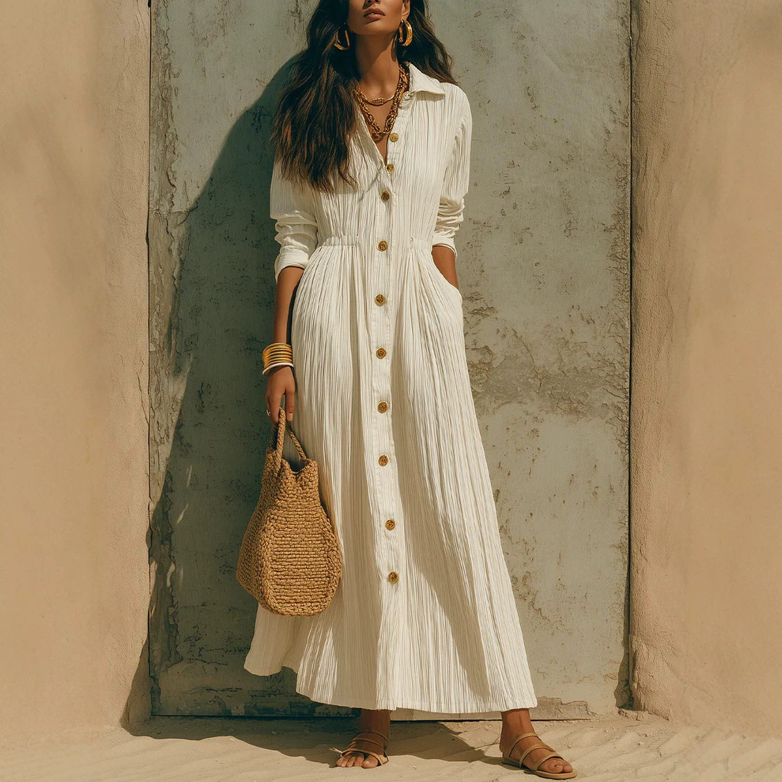 女士休闲纯色翻领连衣裙Ladies' casual solid color lapel dress