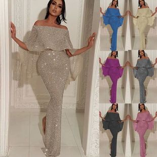 一字肩包臀连衣裙女 One shoulder blingbling hip hugging dress