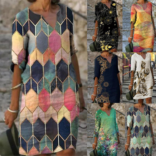 V-Neck Mid-Sleeve Multicolor Print Dress  长袖多色印花连衣裙