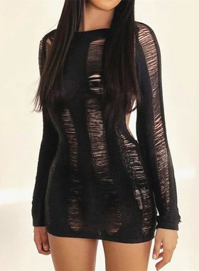 性感紧身镂空露背裙女Tight long sleeved hollow backless skirt