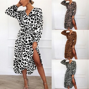 neck High Ladies Print Dress Irregular Lace Leopard Waist