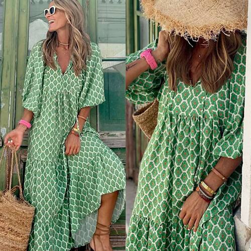 Printed Long Sleeve Loose Boho Dress  印花宽松波西米亚连衣裙