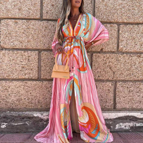 Sexy V-Neck Tie Single-Breasted Beach Dress 单排扣沙滩连衣裙