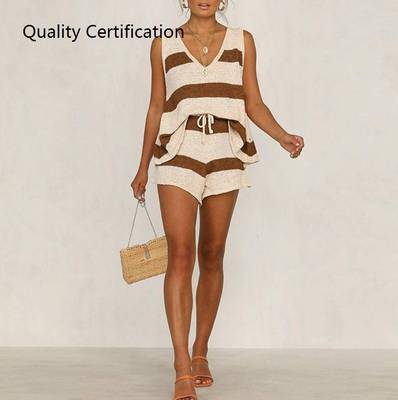 V-neck Vest And Knitted Shorts Women Sets Loose Striped Set