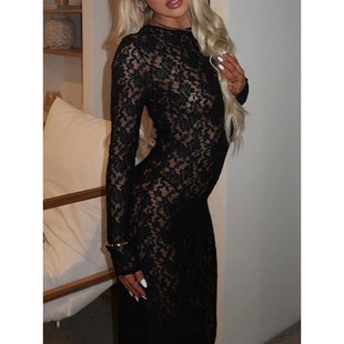 纯色蕾丝透视长袖女式连衣裙Solid color lace see through dress