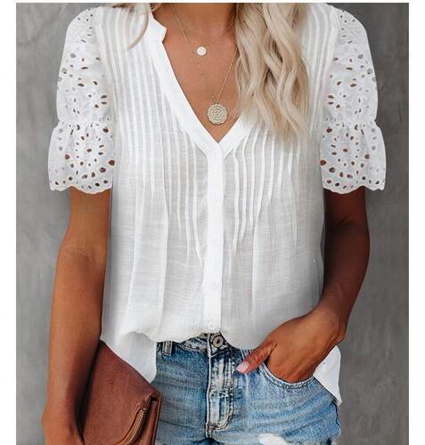 V-Neck Lace Solid Bubble Sleeve TopV领蕾丝纯色宽松泡泡袖上衣