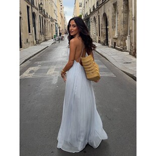 deep pleated dress women 女士细吊带百褶深V连衣裙 for Strap