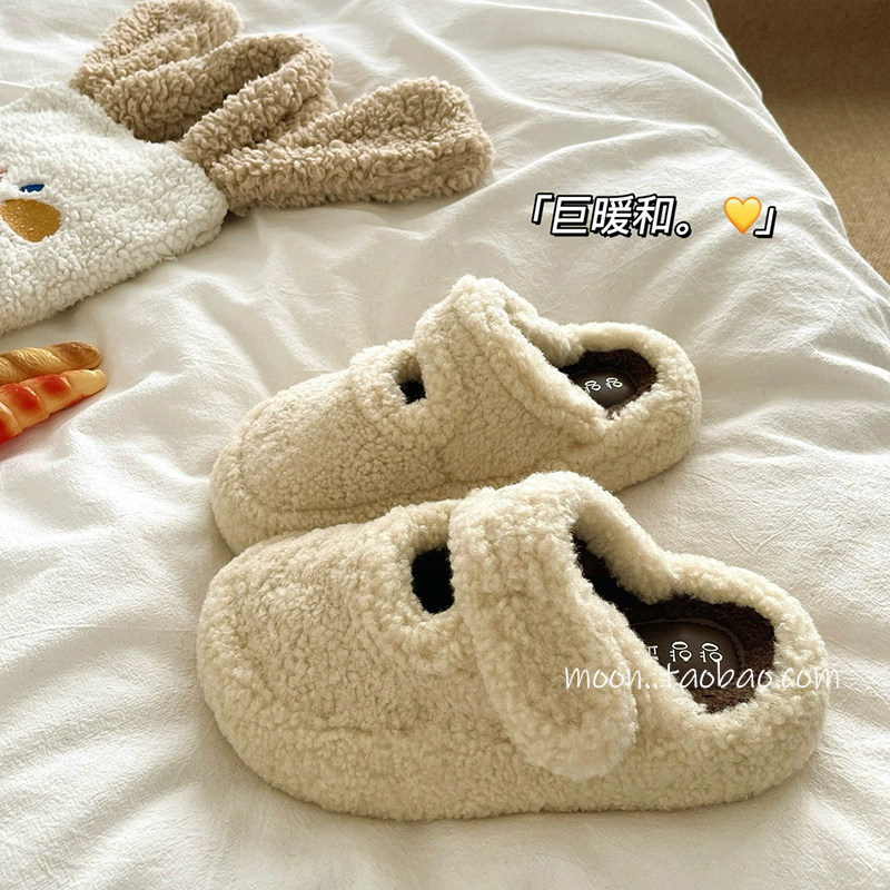 绒绒暖呼呼~！包头羊羔毛棉拖鞋女厚底增高冬季厚底外穿毛毛拖鞋