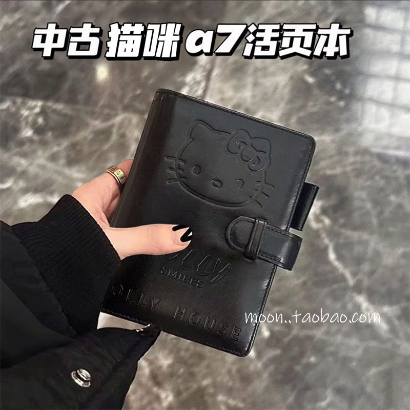 中古猫咪本子黑色皮质a7活页手账本高颜值手工便携笔记本日记事本