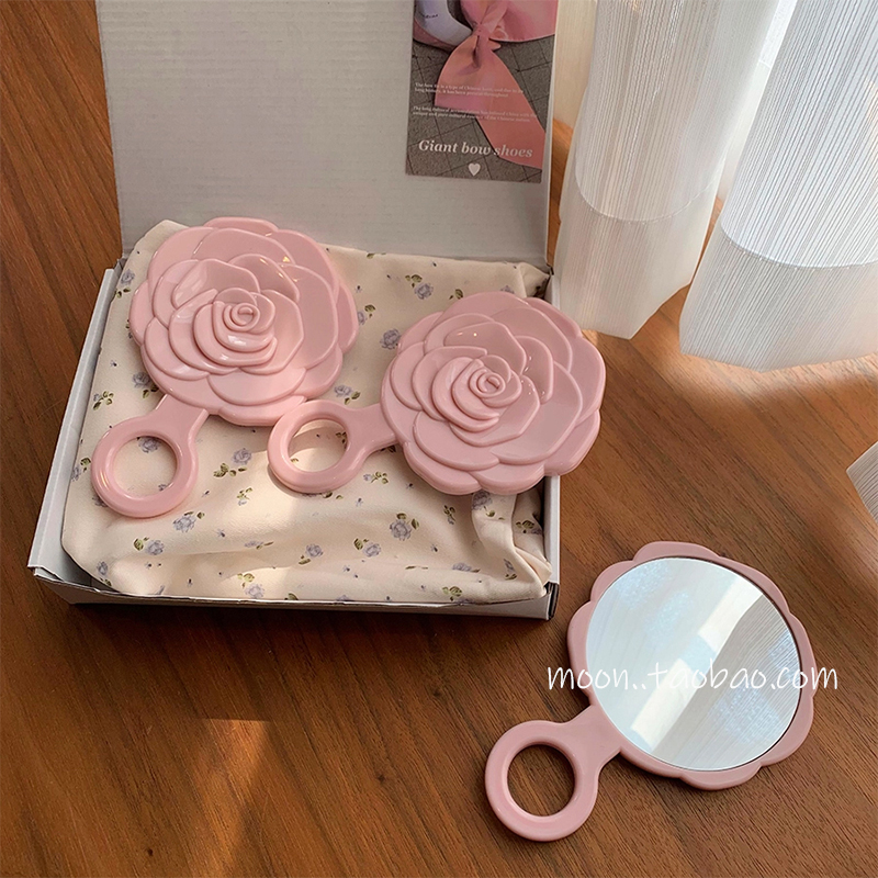 玫瑰花手持化妆镜迷你便捷家用桌面梳妆手柄镜女随身补妆镜小镜子