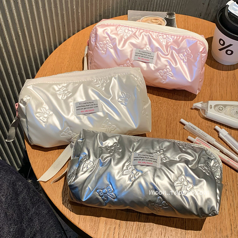 韩版pu珠光蝴蝶结笔袋大容量女生高颜值收纳文具袋初高中生铅笔盒