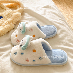 情侣款 女保暖居家月子鞋 防滑包头 加绒学生宿舍毛毛厚底棉拖鞋 冬季