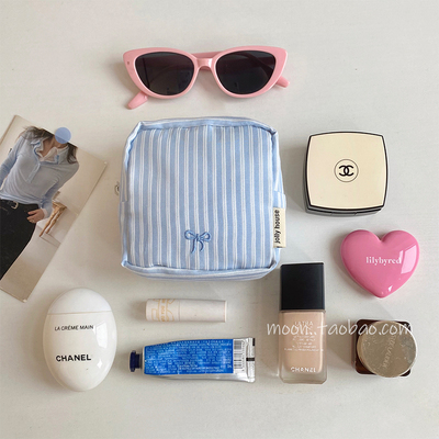 韩系蓝条纹化妆包女新款收纳包蝴蝶结豆腐包姨妈巾收纳袋随身小包