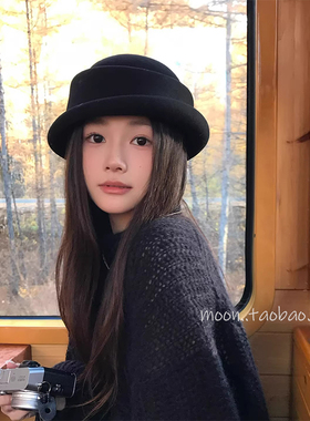北国来信~民国风复古黑色小礼帽女秋冬纯羊毛渔夫帽赫本风小盆帽