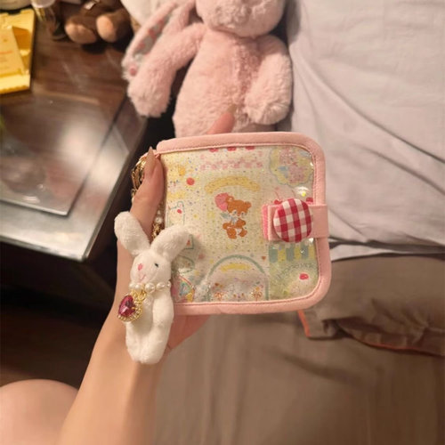 粉色小熊零钱包马卡龙迷你卡包女款PU卡扣多层2025新款可爱高颜值